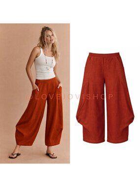 Bohemian | Vivid Linen Origami Balloon Pants | Pintuck | Rust Sienna Coastal NWT